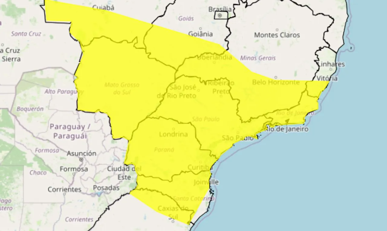o mapa mostra &agrave;s &aacute;reas em alerta para decl&iacute;nio de temperatura